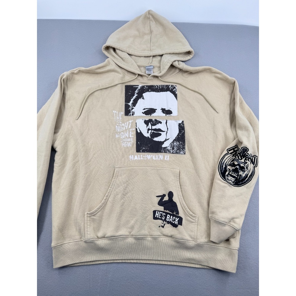 Halloween 2 Michael Myers Size XL Mens He's Back Cream Patchwork Hoodie Movie